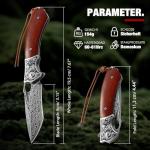 DRACHENADER Damascus Steel Folding Pocket Knife with VG10 Core, Wooden Handle & Leather Sheath, Outdoor Knife and Gift for Collectors, Knife Lovers, and Enthusiasts