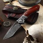 DRACHENADER Damascus Steel Folding Pocket Knife with VG10 Core, Wooden Handle & Leather Sheath, Outdoor Knife and Gift for Collectors, Knife Lovers, and Enthusiasts