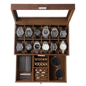 GUKA Watch Box, 12 Slot Watch Case, Watch Cases for men with Real Glass Lid, Synthetic Leather Watch Organizer storage with Jewelry Case, Birthday for Men and Women, Brown