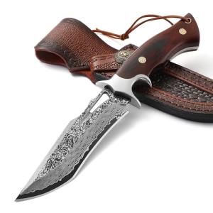Omesio Damascus Hunting Knife, 10.04'' Damascus Steel Fixed Blade Knife Full Tang, Outdoor Survival Camping Damascus Knife with Sheath, Japanese Style, Wooden Handle with Gift Box