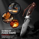 Omesio Damascus Hunting Knife, 10.04'' Damascus Steel Fixed Blade Knife Full Tang, Outdoor Survival Camping Damascus Knife with Sheath, Japanese Style, Wooden Handle with Gift Box