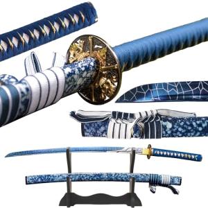 SJ SHI JIAN 40 inch High-Carbon Steel Blue Snowflake Pattern Sheath Japanese Katana Samurai Sword Full Tang Jian