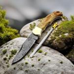 Best.Buy.Damascus1 Damascus Pocket Knife – Handmade Folding Knife with Olive Wood Handle, Razor Sharp EDC with Leather Sheath – Survival, Camping & Hunting Knife for Men