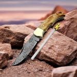 Best.Buy.Damascus1 Damascus Pocket Knife – Handmade Folding Knife with Olive Wood Handle, Razor Sharp EDC with Leather Sheath – Survival, Camping & Hunting Knife for Men