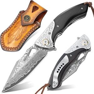 NedFoss GRIFFIN Damascus Pocket Knife for Men, 3.5" Handmade Forged VG10 Damascus Steel Blade Folding Knife with Retro Leather Sheath, Sandalwood Handle, Pocket Clip, Excellent Gifts for Men