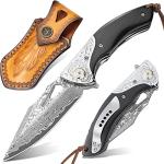 NedFoss GRIFFIN Damascus Pocket Knife for Men, 3.5" Handmade Forged VG10 Damascus Steel Blade Folding Knife with Retro Leather Sheath, Sandalwood Handle, Pocket Clip, Excellent Gifts for Men
