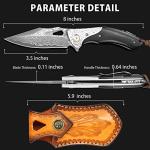 NedFoss GRIFFIN Damascus Pocket Knife for Men, 3.5" Handmade Forged VG10 Damascus Steel Blade Folding Knife with Retro Leather Sheath, Sandalwood Handle, Pocket Clip, Excellent Gifts for Men
