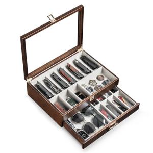 Emfogo Pocket Knife Display Case for Collection of 17-23 Folding Knives, Pocket Case with Real Glass Window Top, Two-Tier Knife Organizer Storage Box, Men's Gift (Walnut)