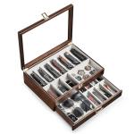 Emfogo Pocket Knife Display Case for Collection of 17-23 Folding Knives, Pocket Case with Real Glass Window Top, Two-Tier Knife Organizer Storage Box, Men's Gift (Walnut)