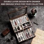 Emfogo Pocket Knife Display Case for Collection of 17-23 Folding Knives, Pocket Case with Real Glass Window Top, Two-Tier Knife Organizer Storage Box, Men's Gift (Walnut)