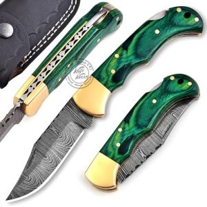 Green Wood 6.5'' 100% Handmade Damascus Steel Folding Pocket Knife, Hunting Knife, Outdoor Survival Hunting Accessories, Gifts for Men, Boyfriend, Dad, Father’s Day Gift, 100% Prime Quality