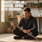 SZCO 34" Knights Templar Medieval Sword with Scabbard – Decorative Collectible Rose Gold & Silver Crusader Knight Sword Replica with Stainless Steel Blade for Cosplay, Reenactment & Display