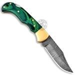 Green Wood 6.5'' 100% Handmade Damascus Steel Folding Pocket Knife, Hunting Knife, Outdoor Survival Hunting Accessories, Gifts for Men, Boyfriend, Dad, Father’s Day Gift, 100% Prime Quality