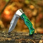 Green Wood 6.5'' 100% Handmade Damascus Steel Folding Pocket Knife, Hunting Knife, Outdoor Survival Hunting Accessories, Gifts for Men, Boyfriend, Dad, Father’s Day Gift, 100% Prime Quality