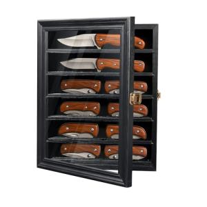 DecoWoodo Knife Display Case with HD Tempered Glass & Removable Shelves, Wall Mountable Wood Knife Shadow Box for Collections - 10.9" W x 13.8" H x 2.1" D, Black