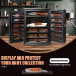 DecoWoodo Knife Display Case with HD Tempered Glass & Removable Shelves, Wall Mountable Wood Knife Shadow Box for Collections - 10.9" W x 13.8" H x 2.1" D, Black