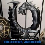 Rite Edge 8.5" Dragon Spine Decorative Knife Set – Circular Dragon Design with Satin Blades, Zinc Alloy Handle, and Wooden Display Stand – Unique Collectible