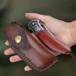 KOMWERO Damascus Pocket Knife for Men Women, Sharp VG10 Core Damascus Steel Knife for Outdoor Camping Survival Hunting - Wood Handle, Ball Bearing, Leather Sheath, Liner Lock