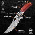 KOMWERO Damascus Pocket Knife for Men Women, Sharp VG10 Core Damascus Steel Knife for Outdoor Camping Survival Hunting - Wood Handle, Ball Bearing, Leather Sheath, Liner Lock