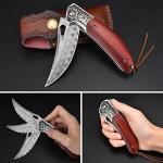 KOMWERO Damascus Pocket Knife for Men Women, Sharp VG10 Core Damascus Steel Knife for Outdoor Camping Survival Hunting - Wood Handle, Ball Bearing, Leather Sheath, Liner Lock
