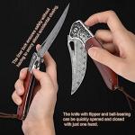 KOMWERO Damascus Pocket Knife for Men Women, Sharp VG10 Core Damascus Steel Knife for Outdoor Camping Survival Hunting - Wood Handle, Ball Bearing, Leather Sheath, Liner Lock
