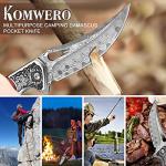 KOMWERO Damascus Pocket Knife for Men Women, Sharp VG10 Core Damascus Steel Knife for Outdoor Camping Survival Hunting - Wood Handle, Ball Bearing, Leather Sheath, Liner Lock