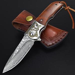 AUBEY Damascus Pocket Knife with Clip, Folding Knives with VG10 Damascus Steel Blade, Wooden Handle, Foldable EDC Knifes for Outdoor Survival Collection Gift