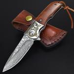 AUBEY Damascus Pocket Knife with Clip, Folding Knives with VG10 Damascus Steel Blade, Wooden Handle, Foldable EDC Knifes for Outdoor Survival Collection Gift