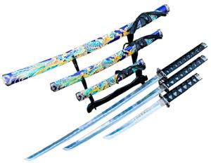 DamaskerUS 3pc Japanese Samurai Katana Sword Set with Stand Blue and Yellow Dragon Ninja