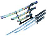 DamaskerUS 3pc Japanese Samurai Katana Sword Set with Stand Blue and Yellow Dragon Ninja