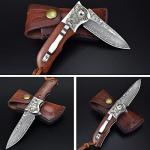AUBEY Damascus Pocket Knife with Clip, Folding Knives with VG10 Damascus Steel Blade, Wooden Handle, Foldable EDC Knifes for Outdoor Survival Collection Gift