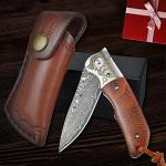 AUBEY Damascus Pocket Knife with Clip, Folding Knives with VG10 Damascus Steel Blade, Wooden Handle, Foldable EDC Knifes for Outdoor Survival Collection Gift