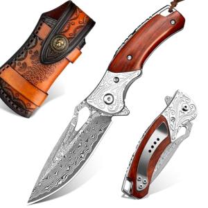 NedFoss Heron Damascus Pocket Knife, 2.8" Handmade Forged VG10 Damascus Steel Blade, 6.5" EDC Folding Knife with Retro Leather Sheath, Ebony Handle, Pocket Clip, Liner Lock, Cool Gifts Collection