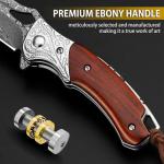 NedFoss Heron Damascus Pocket Knife, 2.8" Handmade Forged VG10 Damascus Steel Blade, 6.5" EDC Folding Knife with Retro Leather Sheath, Ebony Handle, Pocket Clip, Liner Lock, Cool Gifts Collection