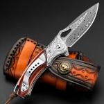 NedFoss Heron Damascus Pocket Knife, 2.8" Handmade Forged VG10 Damascus Steel Blade, 6.5" EDC Folding Knife with Retro Leather Sheath, Ebony Handle, Pocket Clip, Liner Lock, Cool Gifts Collection