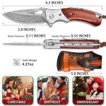 NedFoss Heron Damascus Pocket Knife, 2.8" Handmade Forged VG10 Damascus Steel Blade, 6.5" EDC Folding Knife with Retro Leather Sheath, Ebony Handle, Pocket Clip, Liner Lock, Cool Gifts Collection