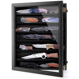 ULTRGEE Pocket Knife Display Case, Knife Collection Display Shadow Box for Wall Military Folding Knife Showcase Display Cabinet with Acrylic Panel and Removable Dual Recessed Shelves