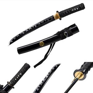 Japanese Short Katana Samurai Real Tanto 20Inch Spring Steel 9260 Flame Black Blade Steel Oil Tempered Full Tang