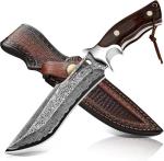 Handmade Damascus Hunting Knife,10.4"Fixed Blade Bowie Knife with Leather Sheath,Real Damascus Steel Knives with VG10 Core &Wood Handle,EDC Full Tang Knives for men women, Adventure,Survival,Hiking,Camping