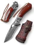 DRACHENADER Damascus Steel Folding Pocket Knife with VG10 Core, Wooden Handle & Leather Sheath, Outdoor Knife and Gift for Collectors, Knife Lovers, and Enthusiasts