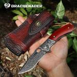 DRACHENADER Damascus Steel Folding Pocket Knife with VG10 Core, Wooden Handle & Leather Sheath, Outdoor Knife and Gift for Collectors, Knife Lovers, and Enthusiasts