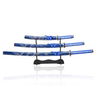 Sword Valley Loong Pattern Knife Three-Piece Suit - Samurai Sword with Display Rack - 36.8"+27.6"+18.1" - Blade Made Carbon Steel - Handmade Katana - Suitable for Collection (Blue)