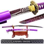 karwna Authentic Samurai Katana Sword Real Crack Pattern Purple Blade Sharp Functional High Carbon Steel for a Perfect Man's Gift Cosplay Decoration