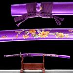 karwna Authentic Samurai Katana Sword Real Crack Pattern Purple Blade Sharp Functional High Carbon Steel for a Perfect Man's Gift Cosplay Decoration