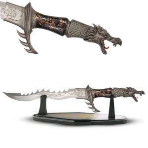 Fantasy Master – Fantasy Dragon Knife Display with Stand, Steel Blades w/ Etched Dragon, Black/Silver Cast Metal Handle, Wood Display Stand, Nylon Sheath, Fantasy, Swords, Collectible – FM-421B