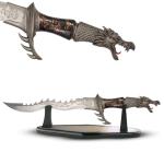 Fantasy Master – Fantasy Dragon Knife Display with Stand, Steel Blades w/ Etched Dragon, Black/Silver Cast Metal Handle, Wood Display Stand, Nylon Sheath, Fantasy, Swords, Collectible – FM-421B