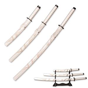 3pc Set Japanese Samurai Sword with Display Stand,Iaido Katana Engraved with Dragon Pattern On The Scabbard Carbon Steel Blade Real Sword for Display Decoration and Gift