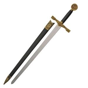 SZCO Supplies Gold Excalibur Sword - 33-Inch Stainless Steel Blade with Black Handle, Gold Finish Guard, and Scabbard