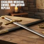 SZCO Supplies Gold Excalibur Sword - 33-Inch Stainless Steel Blade with Black Handle, Gold Finish Guard, and Scabbard