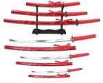 3pc Japanese Samurai Katana Sword Set Dragon Engraved Wooden Sheath w/Stand Ninja - Red